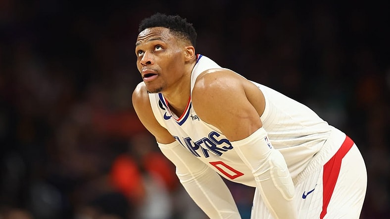 Apr 9, 2023; Phoenix, Arizona, USA; Los Angeles Clippers guard Russell Westbrook (0) against the Phoenix Suns at Footprint Center. Mandatory Credit: Mark J. Rebilas-USA TODAY Sports