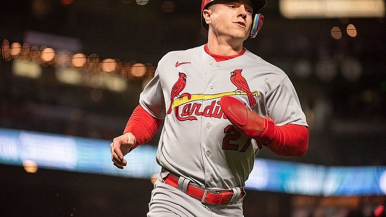 Apr 25, 2023; San Francisco, California, USA; St. Louis Cardinals center fielder Tyler O'Neill (27) scores a run during the eighth inning against the San Francisco Giants at Oracle Park. Mandatory Credit: Ed Szczepanski-USA TODAY Sports