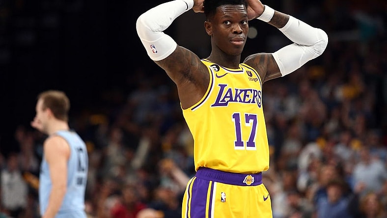 Apr 26, 2023; Memphis, Tennessee, USA; Los Angeles Lakers guard Dennis Schroder (17) reacts during the second half against the Memphis Grizzlies during game five of the 2023 NBA playoffs at FedExForum. Mandatory Credit: Petre Thomas-USA TODAY Sports