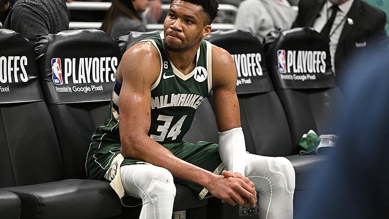 Apr 26, 2023; Milwaukee, Wisconsin, USA; Milwaukee Bucks forward Giannis Antetokounmpo (34) sits on the bench after a 128-126 loss to the Miami Heat during game five of the 2023 NBA Playoffs at Fiserv Forum. Mandatory Credit: Michael McLoone-USA TODAY Sports