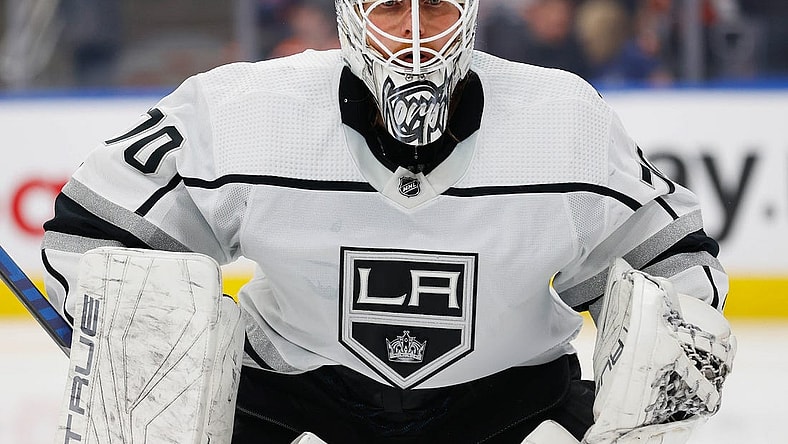 Apr 25, 2023; Edmonton, Alberta, CAN; Los Angeles Kings goaltender Joonas Korpisalo (70) skates against the Edmonton Oilers in game five of the first round of the 2023 Stanley Cup Playoffs at Rogers Place. Mandatory Credit: Perry Nelson-USA TODAY Sports