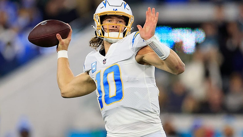 Chargers quarterback Justin Herbert looks to throw during the first quarter of an NFL first round playoff game against the Jaguars.

Syndication Florida Times Union