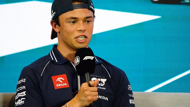 May 4, 2023; Miami Gardens, Florida, USA;  AlphaTauri driver Nyck De Vries (21) of Netherlands talks with the media during a breakout media session at Miami International Autodrome. Mandatory Credit: John David Mercer-USA TODAY Sports