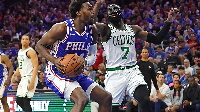 May 7, 2023; Philadelphia, Pennsylvania, USA; Philadelphia 76ers forward Paul Reed (44) drives to the basket against Boston Celtics guard Jaylen Brown (7) during game four of the 2023 NBA playoffs at Wells Fargo Center. Mandatory Credit: Eric Hartline-USA TODAY Sports