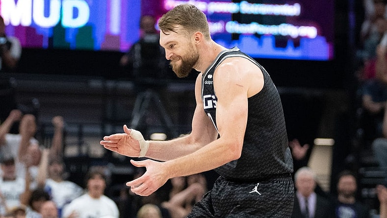 April 30, 2023; Sacramento, California, USA; Sacramento Kings forward Domantas Sabonis (10) celebrates against the Golden State Warriors during the second quarter in game seven of the 2023 NBA playoffs first round at Golden 1 Center. Mandatory Credit: Kyle Terada-USA TODAY Sports