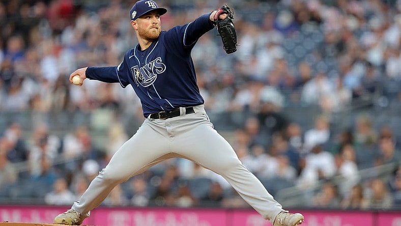 May 11, 2023; Bronx, New York, USA; Tampa Bay Rays starting pitcher Drew Rasmussen (57) pitches against the New York Yankees during the first inning at Yankee Stadium. Mandatory Credit: Brad Penner-USA TODAY Sports