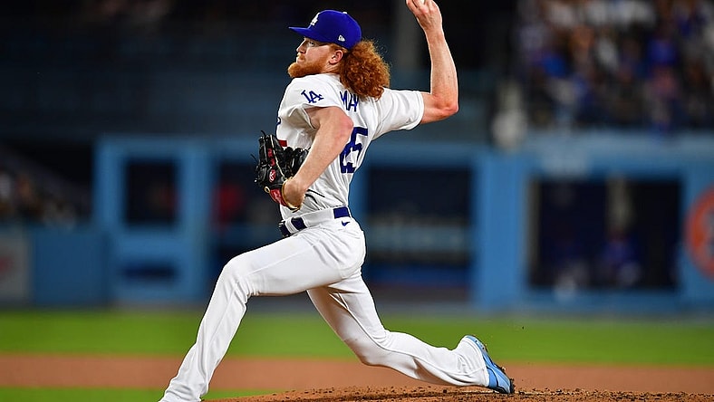 May 12, 2023; Los Angeles, California, USA; Los Angeles Dodgers starting pitcher Dustin May (85) throws against the San Diego Padres during the fourth inning at Dodger Stadium. Mandatory Credit: Gary A. Vasquez-USA TODAY Sports