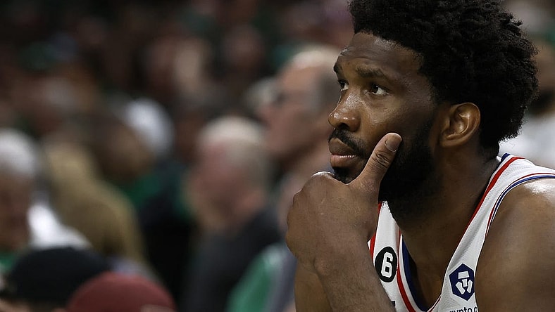 May 14, 2023; Boston, Massachusetts, USA; Philadelphia 76ers center Joel Embiid (21) sits on the bench during the final moments of their loss to the Boston Celtics in game seven of the 2023 NBA playoffs at TD Garden. Mandatory Credit: Winslow Townson-USA TODAY Sports