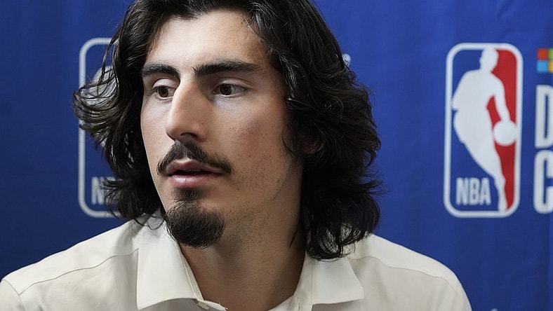May 17, 2023; Chicago, Il, USA; Jaime Jaquez Jr. talks to the media during the 2023 NBA Draft Combine at Wintrust Arena. Mandatory Credit: David Banks-USA TODAY Sports