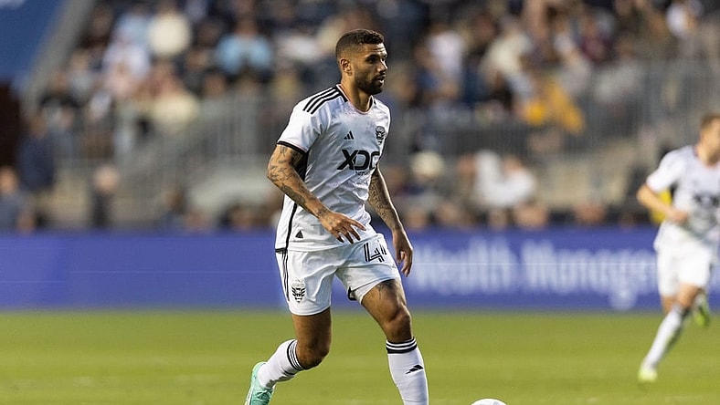 May 17, 2023; Philadelphia, Pennsylvania, USA; D.C. United midfielder Victor Palsson (44) controls the ball against the Philadelphia Union during the first half at Subaru Park. Mandatory Credit: Bill Streicher-USA TODAY Sports