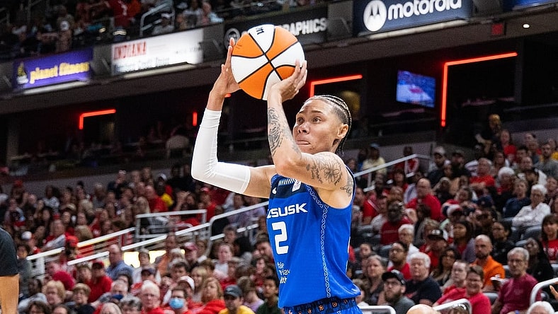 May 19, 2023; Indianapolis, Indiana, USA; Connecticut Sun guard Natisha Hiedeman (2) shoots the ball in the first half against the Indiana Fever at Gainbridge Fieldhouse. Mandatory Credit: Trevor Ruszkowski-USA TODAY Sports