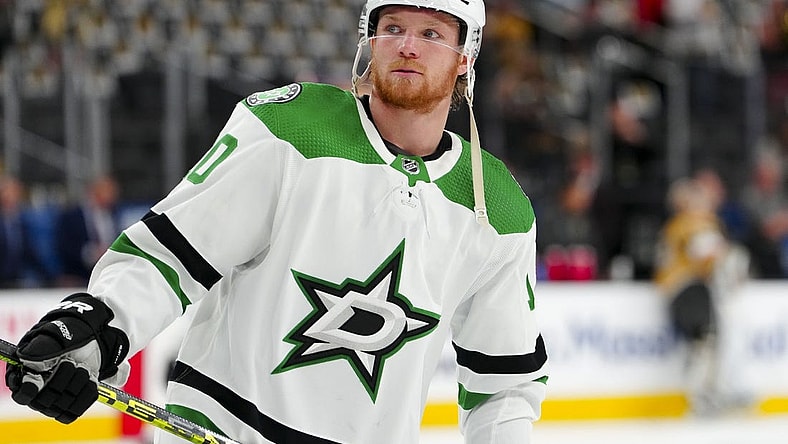 May 19, 2023; Las Vegas, Nevada, USA; Dallas Stars center Ty Dellandrea (10) skates in warm-ups prior to the game against the Vegas Golden Knights in game one of the Western Conference Finals of the 2023 Stanley Cup Playoffs at T-Mobile Arena. Mandatory Credit: Stephen R. Sylvanie-USA TODAY Sports