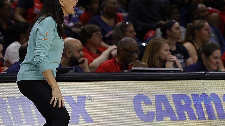 May 19, 2023; Washington, District of Columbia, USA; New York Liberty head coach Sandy Brondello yells from the bench against the Washington Mystics at Entertainment & Sports Arena. Mandatory Credit: Geoff Burke-USA TODAY Sports