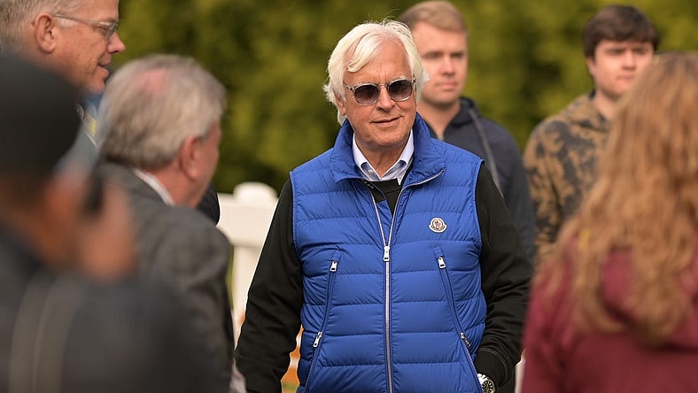 May 19, 2023; Baltimore, Maryland, USA;  Bob  Baffert, American racehorse trainer,  walks near the Stakes Barn after morning work outs prior to the running off the at Pimlico Race Course. Mandatory Credit: Tommy Gilligan-USA TODAY Sports