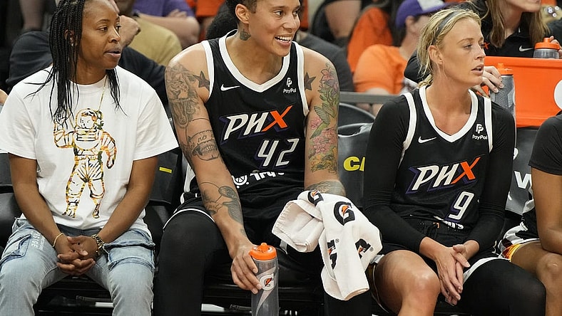 May 21, 2023; Phoenix, Arizona, USA; Phoenix Mercury center Brittney Griner (42) watches from the bench against the Chicago Sky in the first half at Footprint Center. Mandatory Credit: Rick Scuteri-USA TODAY Sports