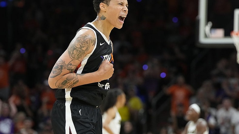 May 21, 2023; Phoenix, Arizona, USA; Phoenix Mercury center Brittney Griner (42) reacts after scoring against the Chicago Sky in the second half at Footprint Center. Mandatory Credit: Rick Scuteri-USA TODAY Sports