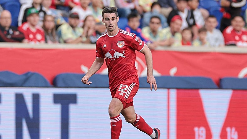 May 23, 2023; Harrison, NJ, USA; New York Red Bulls defender Dylan Nealis (12) controls the ball against FC Cincinnati during the first half at Red Bull Arena. Mandatory Credit: Vincent Carchietta-USA TODAY Sports
