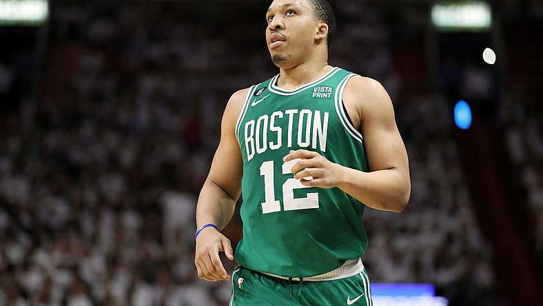 May 23, 2023; Miami, Florida, USA; Boston Celtics forward Grant Williams (12) looks on in the fourth quarter against the Miami Heat during game four of the Eastern Conference Finals for the 2023 NBA playoffs at Kaseya Center. Mandatory Credit: Sam Navarro-USA TODAY Sports