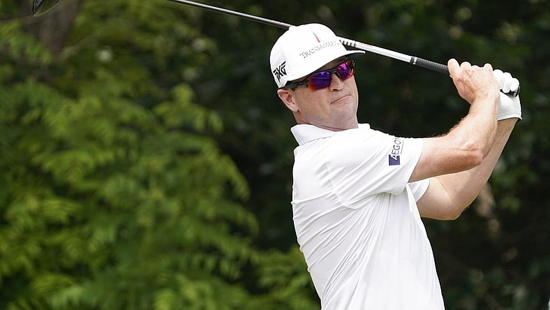 May 25, 2023; Fort Worth, Texas, USA; Zach Johnson plays his shot from the sixth tee during the first round of the Charles Schwab Challenge golf tournament. Mandatory Credit: Raymond Carlin III-USA TODAY Sports