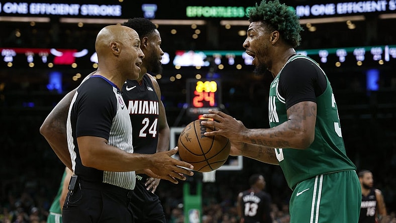 May 25, 2023; Boston, Massachusetts, USA; Boston Celtics guard Marcus Smart (36) reacts to an official during the second quarter against the Miami Heat in game five of the Eastern Conference Finals for the 2023 NBA playoffs at TD Garden. Mandatory Credit: Winslow Townson-USA TODAY Sports