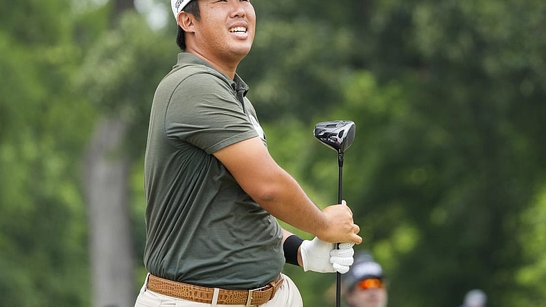 May 27, 2023; Fort Worth, Texas, USA; Byeong Hun An watches his shot from the third tee during the third round of the Charles Schwab Challenge golf tournament. Mandatory Credit: Jim Cowsert-USA TODAY Sports