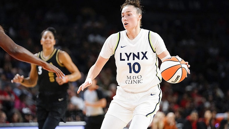 May 28, 2023; Las Vegas, Nevada, USA; Minnesota Lynx forward Jessica Shepard (10) dribbles the ball against the Las Vegas Aces during the second quarter at Michelob Ultra Arena. Mandatory Credit: Lucas Peltier-USA TODAY Sports
