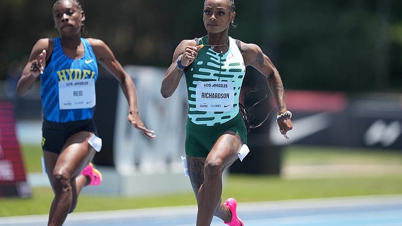 May 26, 2023; Los Angeles, CA, USA; Sha'Carri Richardson (USA) runs 10.90 in women's 100m heat during the USATF Los Angeles Grand Prix at Drake Stadium. Mandatory Credit: Kirby Lee-USA TODAY Sports