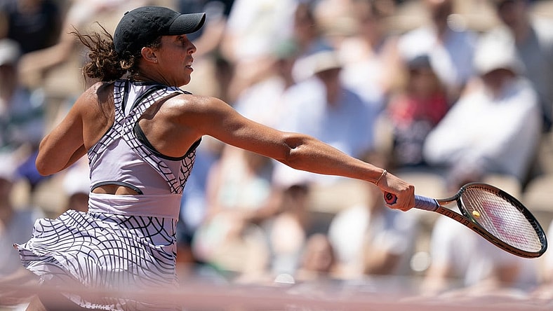 Jun 1, 2023; Paris,France; Madison Keys (USA) returns a shot during her match against Kayla Day (USA) on day five at Stade Roland-Garros. Mandatory Credit: Susan Mullane-USA TODAY Sports