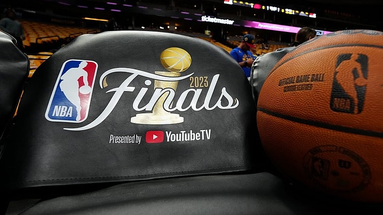 Jun 1, 2023; Denver, CO, USA; A detailed view of branded seat covers before the game between the Miami Heat and the Denver Nuggets in game one of the 2023 NBA Finals at Ball Arena. Mandatory Credit: Ron Chenoy-USA TODAY Sports
