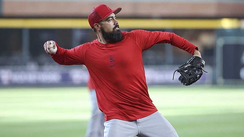 Jun 2, 2023; Houston, Texas, USA; Los Angeles Angels infielder Anthony Rendon during infield practice before the game against the Houston Astros at Minute Maid Park. Mandatory Credit: Troy Taormina-USA TODAY Sports
