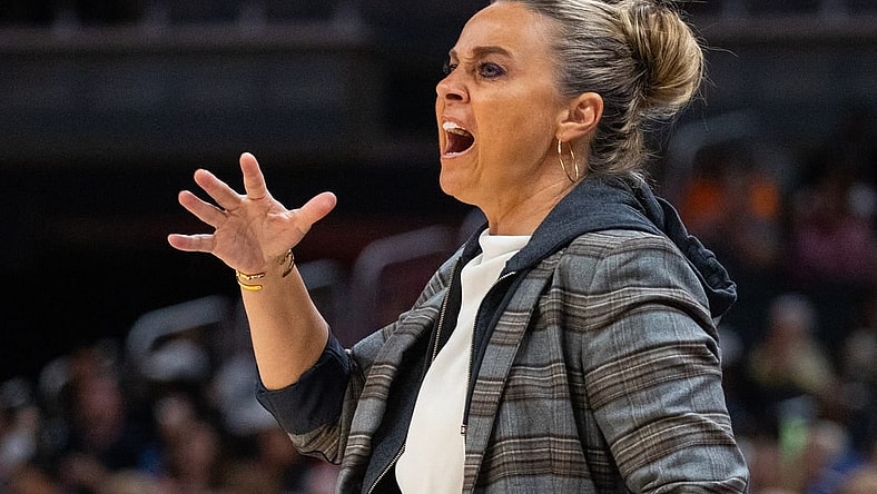 Jun 4, 2023; Indianapolis, Indiana, USA; Las Vegas Aces head coach Becky Hammon in the first half against the Indiana Fever at Gainbridge Fieldhouse. Mandatory Credit: Trevor Ruszkowski-USA TODAY Sports
