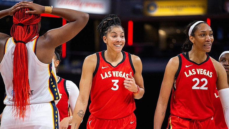 Jun 4, 2023; Indianapolis, Indiana, USA; Las Vegas Aces forward Candace Parker (3) celebrates the win against the Indiana Fever  at Gainbridge Fieldhouse. Mandatory Credit: Trevor Ruszkowski-USA TODAY Sports