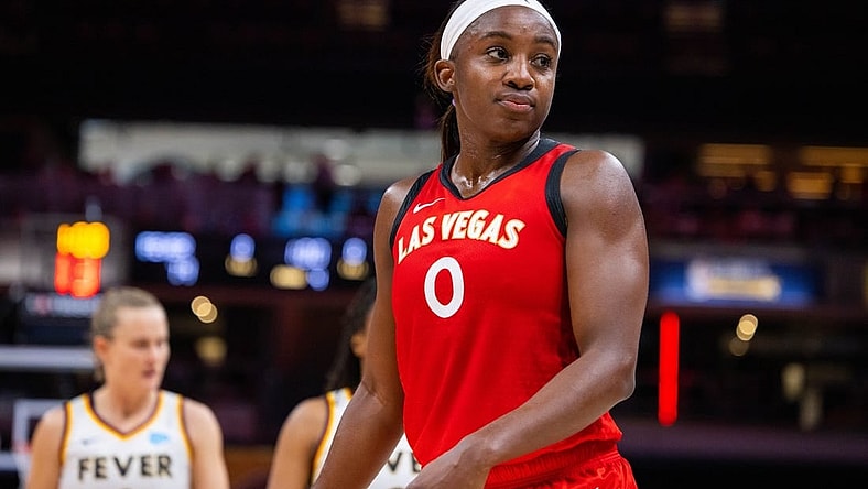 Jun 4, 2023; Indianapolis, Indiana, USA; Las Vegas Aces guard Jackie Young (0) in the second half against the Indiana Fever at Gainbridge Fieldhouse. Mandatory Credit: Trevor Ruszkowski-USA TODAY Sports