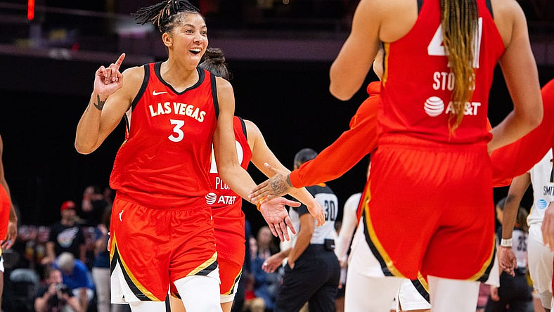 Jun 4, 2023; Indianapolis, Indiana, USA; Las Vegas Aces forward Candace Parker (3) celebrates the win against the Indiana Fever  at Gainbridge Fieldhouse. Mandatory Credit: Trevor Ruszkowski-USA TODAY Sports
