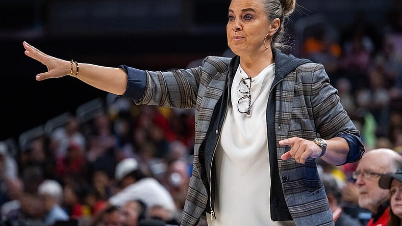 Jun 4, 2023; Indianapolis, Indiana, USA; Las Vegas Aces head coach Becky Hammon in the second half against the Indiana Fever at Gainbridge Fieldhouse. Mandatory Credit: Trevor Ruszkowski-USA TODAY Sports