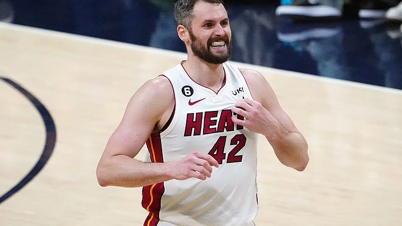 Jun 4, 2023; Denver, CO, USA; Miami Heat forward Kevin Love (42) reacts in the third quarter against the Denver Nuggets in game two of the 2023 NBA Finals at Ball Arena. Mandatory Credit: Ron Chenoy-USA TODAY Sports