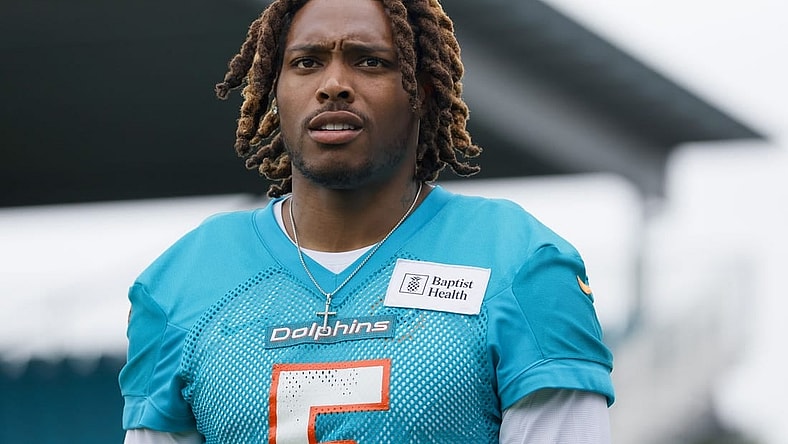 Jun 6, 2023; Miami Gardens, FL, USA; Miami Dolphins cornerback Jalen Ramsey (5) looks on during mandatory minicamp at the Baptist Health Training Complex. Mandatory Credit: Sam Navarro-USA TODAY Sports
