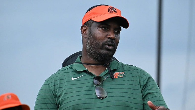 Florida A&M football Willie Simmons talks to campers following his RAC BOYZ 2.0 7-on-7 Camp at Bragg Memorial Stadium in Tallahassee, Florida, Saturday, June 10, 2023