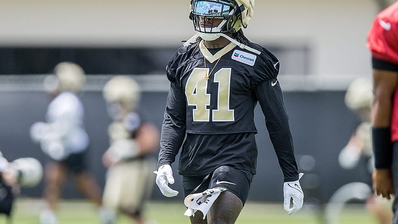 Jun 13, 2023; New Orleans, LA, USA;  New Orleans Saints running back Alvin Kamara (41) during minicamp at the Ochsner Sports Performance Center. Mandatory Credit: Stephen Lew-USA TODAY Sports