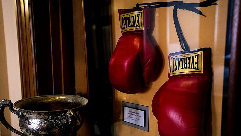 A view of signed boxing gloves by Muhammad Ali at the Dave Herche Cincinnati Athletic Club on Thursday, Jun 8, 2023 in Cincinnati.