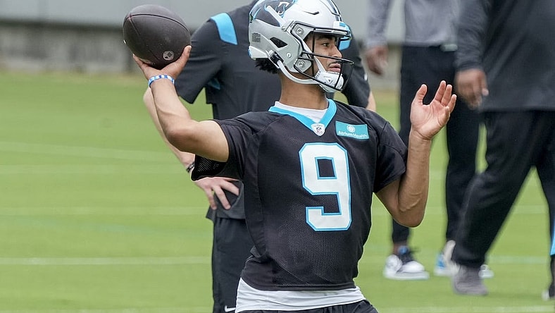 Jun 14, 2023; Charlotte, NC, USA; Carolina Panthers quarterback Bryce Young (9) throws during the Carolina Panthers minicamp. Mandatory Credit: Jim Dedmon-USA TODAY Sports
