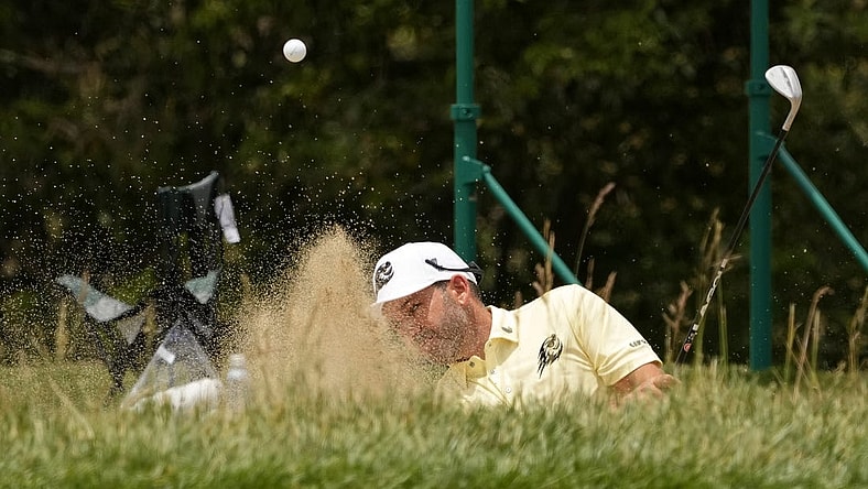 Jun 16, 2023; Los Angeles, California, USA; Sergio Garcia (LIV player) plays a shot from a bunker first green during the second round of the U.S. Open golf tournament at Los Angeles Country Club. Mandatory Credit: Michael Madrid-USA TODAY Sports