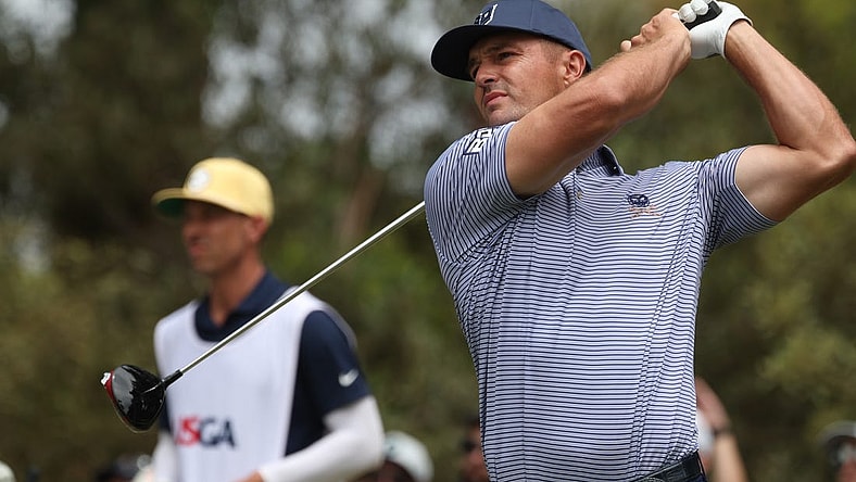 Jun 18, 2023; Los Angeles, California, USA; Bryson DeChambeau hits a tee shot on the 2nd hole during the final round of the U.S. Open golf tournament at Los Angeles Country Club. Mandatory Credit: Kiyoshi Mio-USA TODAY Sports