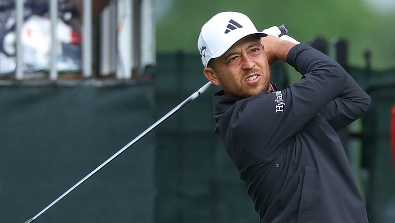 Jun 22, 2023; Cromwell, Connecticut, USA; Xander Schauffele plays his shot from the tenth tee during the first round of the Travelers Championship golf tournament. Mandatory Credit: Vincent Carchietta-USA TODAY Sports