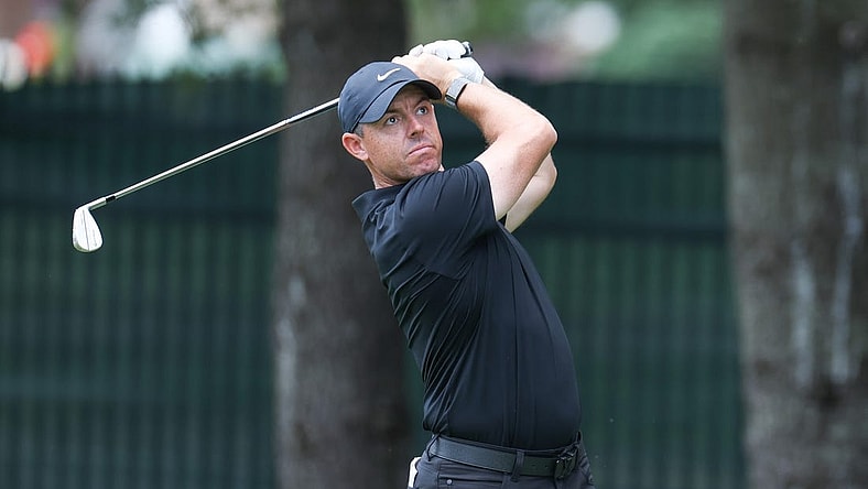 Jun 23, 2023; Cromwell, Connecticut, USA; Rory McIlroy plays his shot from the eighth tee during the second round of the Travelers Championship golf tournament. Mandatory Credit: Vincent Carchietta-USA TODAY Sports