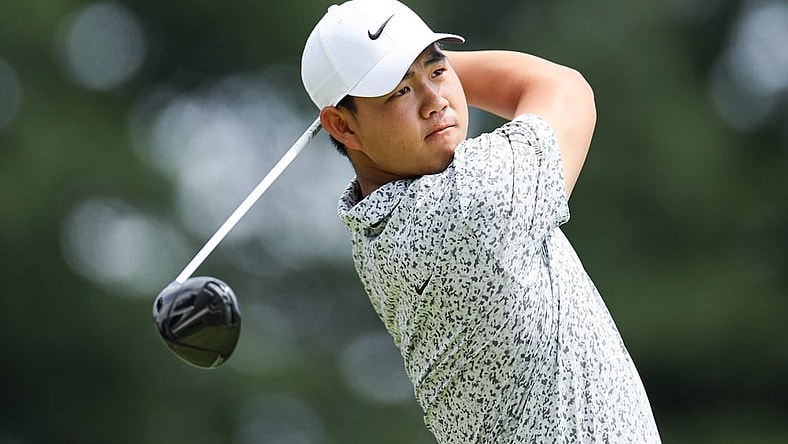 Jun 24, 2023; Cromwell, Connecticut, USA; Tom Kim plays his shot from the first tee during the third round of the Travelers Championship golf tournament. Mandatory Credit: Vincent Carchietta-USA TODAY Sports