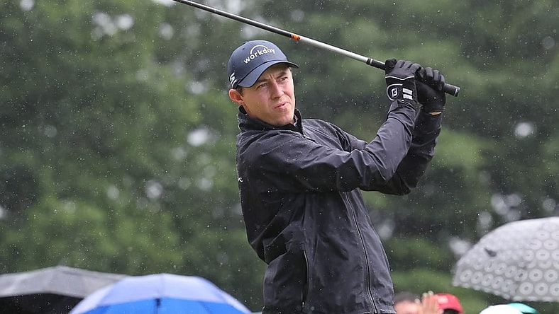 Jun 24, 2023; Cromwell, Connecticut, USA; Matt Fitzpatrick plays his shot from the first tee during the third round of the Travelers Championship golf tournament. Mandatory Credit: Vincent Carchietta-USA TODAY Sports