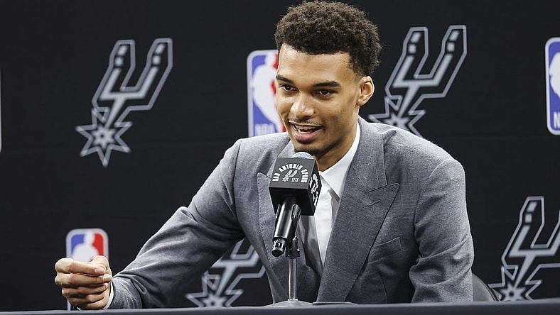 Jun 24, 2023; San Antonio, TX, USA; San Antonio Spurs draft pick Victor Wembanyama speaks at a press conference at AT&T Center. Mandatory Credit: Troy Taormina-USA TODAY Sports