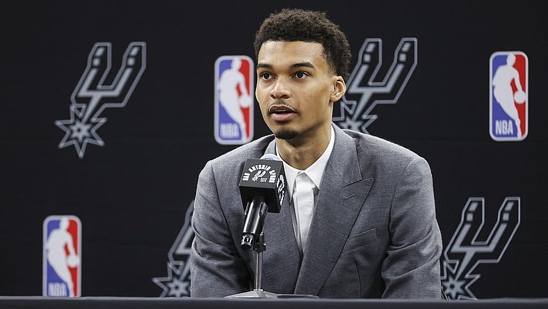 Jun 24, 2023; San Antonio, TX, USA; San Antonio Spurs draft pick Victor Wembanyama speaks at a press conference at AT&T Center. Mandatory Credit: Troy Taormina-USA TODAY Sports