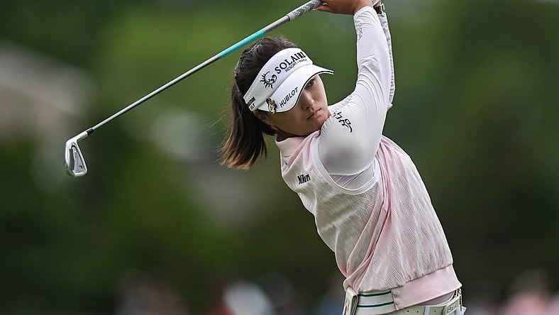 Jun 24, 2023; Springfield, New Jersey, USA; Jin Young Ko tees off on the 4th hole during the third round of the KPMG Women's PGA Championship golf tournament. Mandatory Credit: John Jones-USA TODAY Sports
